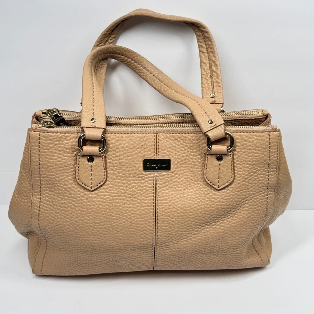 Cole Haan Satchel Beige Pebbled Leather Triple Zip Compartments Medium